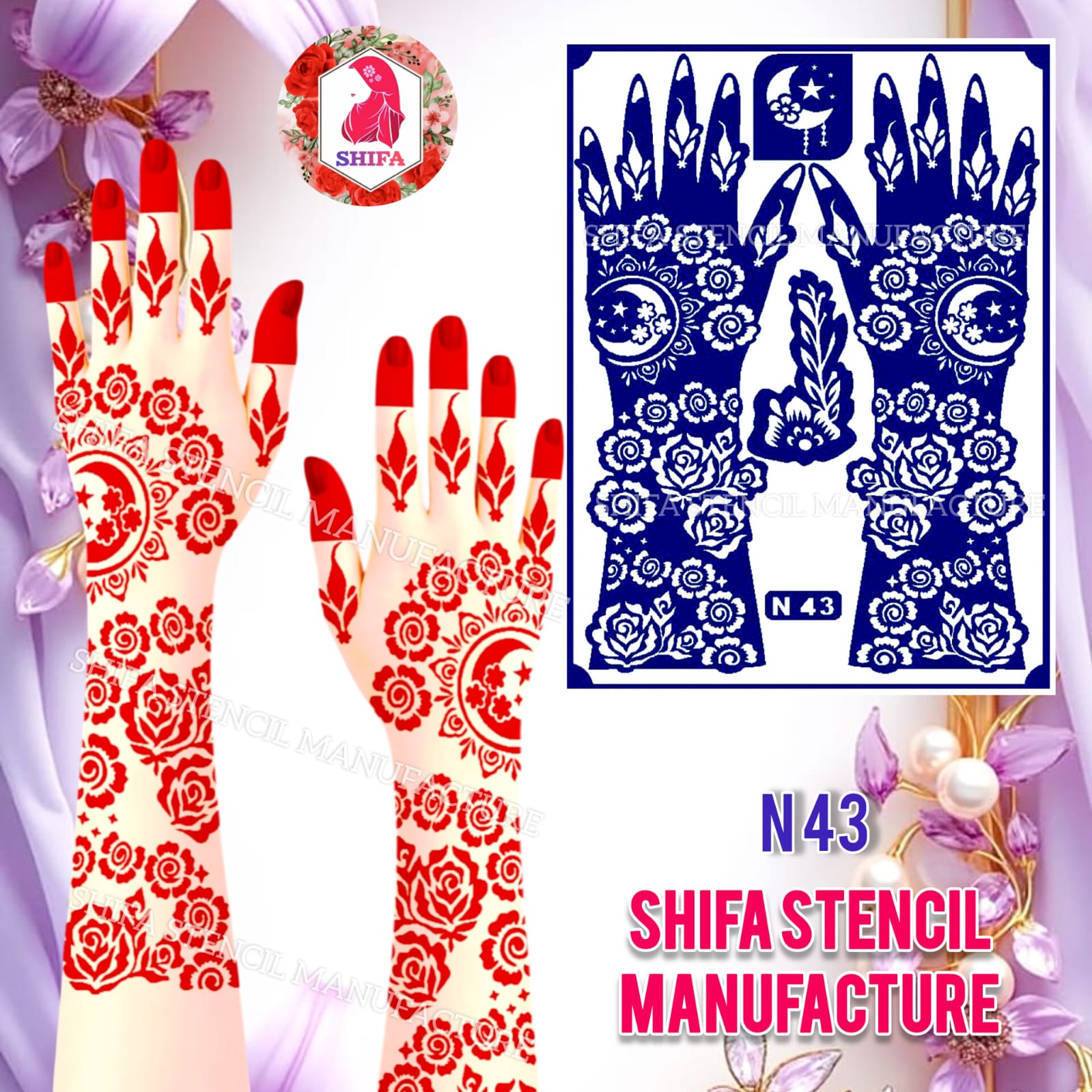 N 43 Rose & Moon Celestial Cascade - Sticker Overview - Shifa Stencil Manufacturer